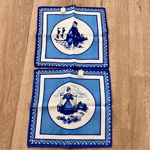 2 PCs Square‎ Napkins Tablecloth Cotton Dutch Blue Delft Holland 10.5” Vtg NWT